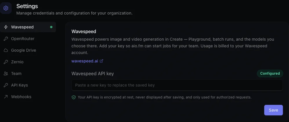 aio.fm Settings — Wavespeed API key configured